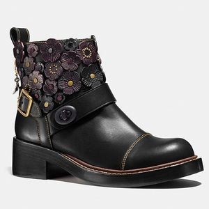 Coach Tea Rose Leather Moto Booties Black (NWOT)